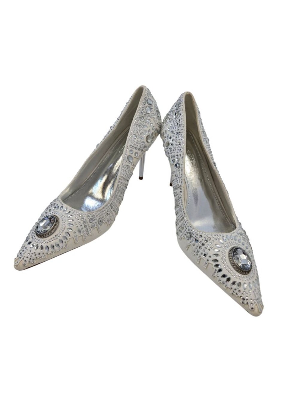 Azalea Wang Alessio Vegan Leather Jewel Embellished Silver Heel Stilettos Sz 10